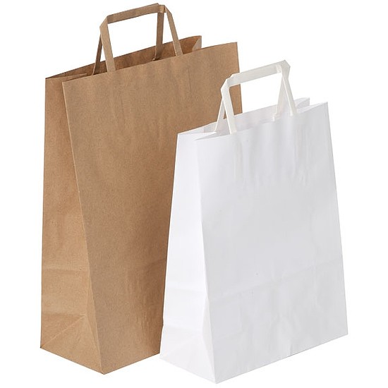 Nyomatlan papír szalagfüles táska, barna, 32,5x13x43cm, nátron, 80g, 100db/csomag
