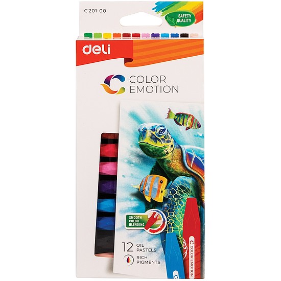 Olajpasztellkréta, hatszögletű, DELI Color Emotion, 12 különböző szín (DEC20100)