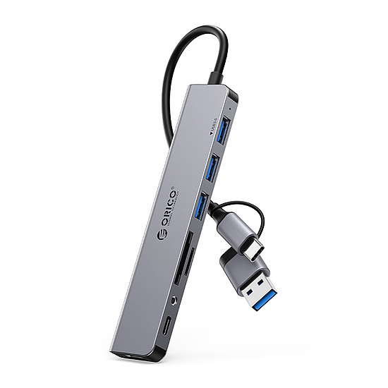 Orico YSA8-U3 USB-A/USB-C Hub Dokkolóállomás 3x USB-A 2.0 + 1x USB-A 3.0 + 1x USB-C 2.0 + 1x 3,5 mm-es Audio + 2x TF&SD - Szürke
