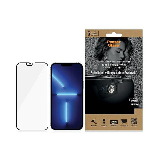 PanzerGlass E2E mikrotöréses antibakteriális üveg kameravédővel Swarovski kristállal iPhone 13 Pro Max készülékhez - fekete kerettel