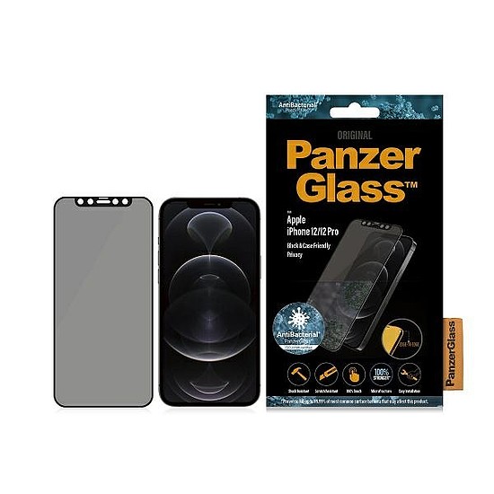 PanzerGlass E2E Super+ Microfracture antibakteriális, privát edzett üveg iPhone 12/12 Pro készülékhez - fekete kerettel