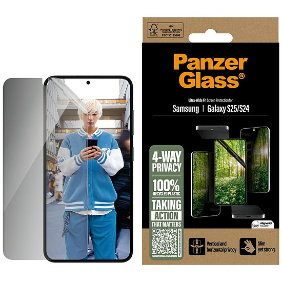 PanzerGlass Eco Matrix ultraszéles illeszkedésű betekintést gátló üveg Samsung Galaxy S25 készülékhez