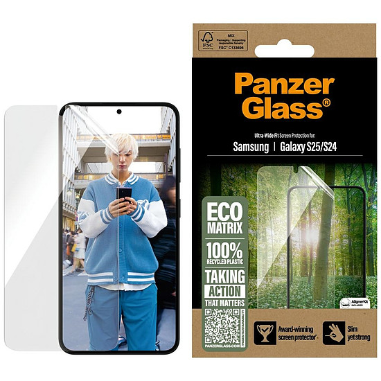 PanzerGlass Eco Matrix ultraszéles illeszkedésű edzett üveg Samsung Galaxy S25 készülékhez