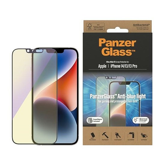 PanzerGlass Ultra-Wide Fit antibakteriális edzett üveg kék fényszűrővel és pozicionálóval iPhone 14/13 Pro/13 telefonhoz