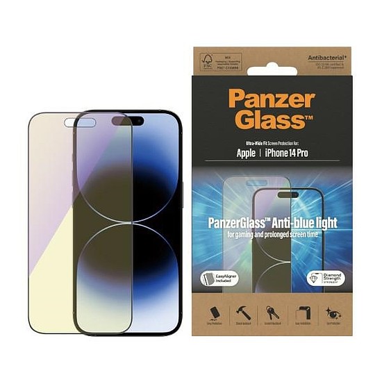 PanzerGlass Ultra-Wide Fit antibakteriális edzett üveg kék fényszűrővel és pozícionálóval iPhone 14 Pro készülékhez