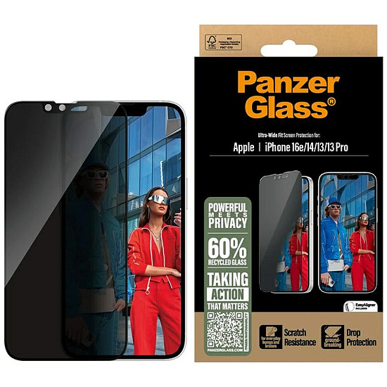 PanzerGlass ultraszéles illeszkedésű betekintést gátló üveg iPhone 16e / 14 / 13 / 13 Pro készülékhez