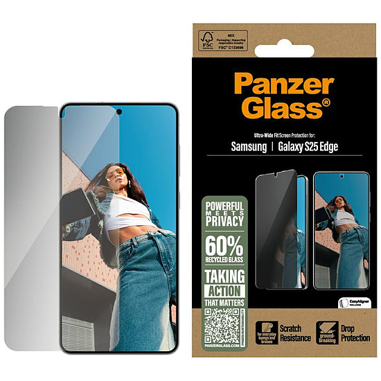 PanzerGlass ultraszéles illeszkedésű betekintést gátló üveg Samsung Galaxy S25 Edge készülékhez - átlátszó