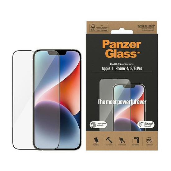 PanzerGlass ultraszéles illeszkedésű edzett üveg antibakteriális adatvédelmet biztosító pozícionálóval iPhone 14/13 Pro/13 készülékhez