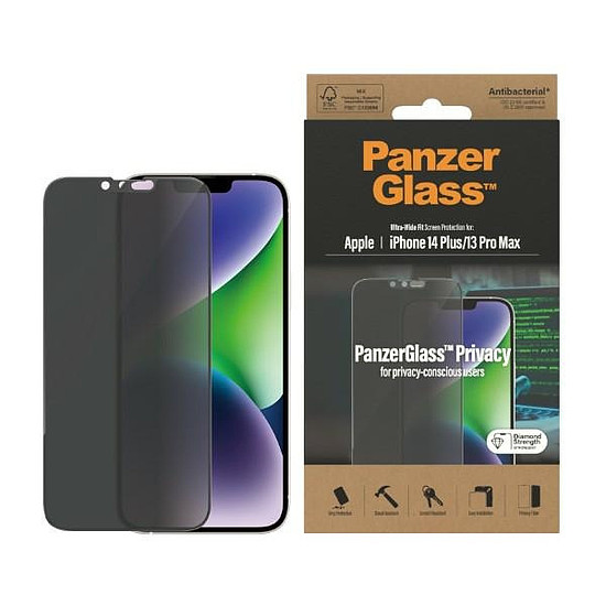 PanzerGlass ultraszéles illeszkedésű edzett üveg antibakteriális adatvédelmet biztosító üveg iPhone 14 Plus/13 Pro Max készülékhez