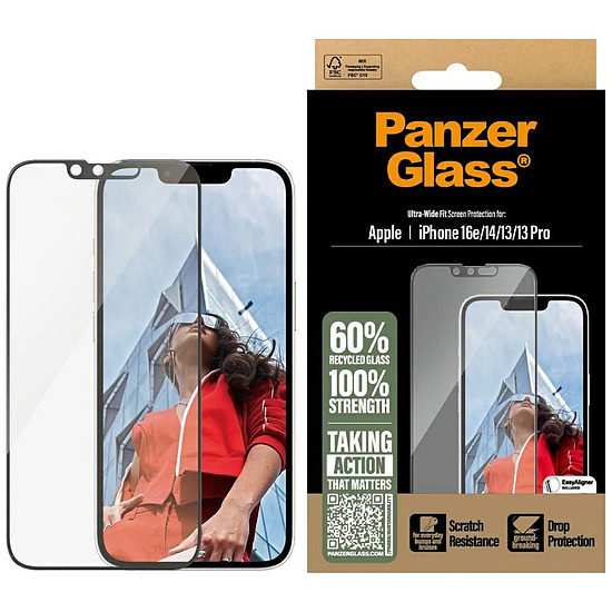 PanzerGlass ultraszéles illeszkedésű edzett üveg iPhone 13 / 13 Pro / 14 / 16e készülékhez - átlátszó