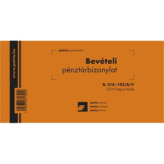 Pátria Bevételi pénztárbizonylat 203x102 mm 25x3 lapos vegykezelt B.318-102/A/V