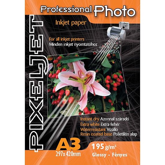 Pixeljet A3 Premium fényes inkjet fotópapír 195gr. 25 ív