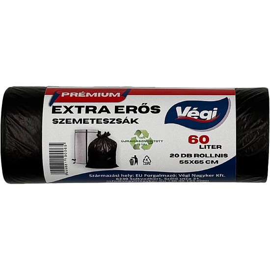Prémium szemeteszsák extra erős 60 literes fekete 20db/csg 55x65cm 13 micron