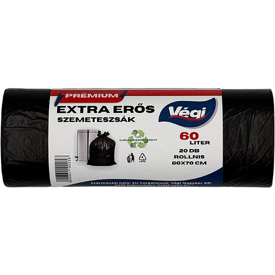 Prémium szemeteszsák extra erős 60 literes fekete 20db/csg 60x70cm 15 micron
