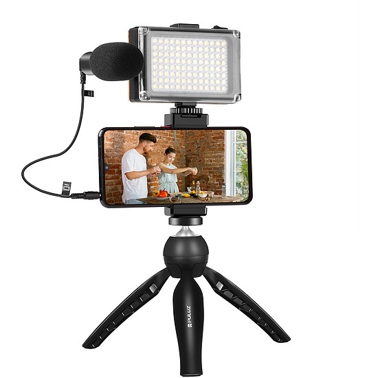 Puluz Live broadcast kit tripod mount + LED lamp + microphone + phone clamp (PKT3132B)