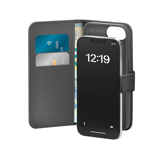 Puro ökobőr iPhone 16E tok vízszintes kihajtható + 2 kártyatartóval + bankjegytartóval + borítóval, fekete