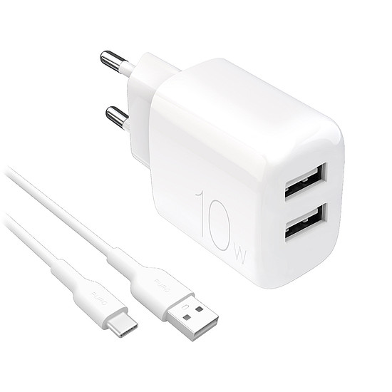Puro PROLITE 10W 2x USB-A fali töltő + USB-A - USB-C kábel 1.2m - fehér