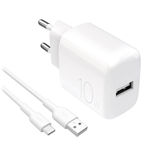 Puro PROLITE 10W USB-A fali töltő + USB-A - USB-C kábel 1.2m - fehér