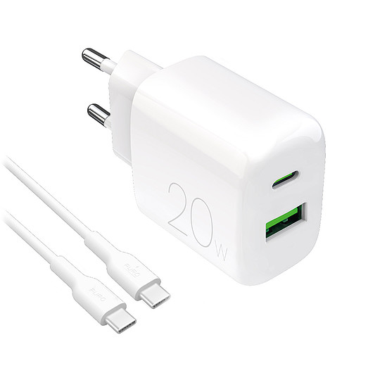Puro PROLITE 20W USB-A / USB-C fali töltő + USB-C - USB-C kábel 1.2m - fehér