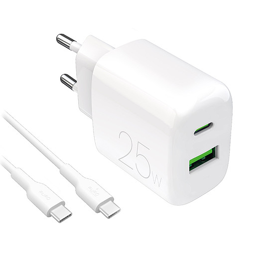 Puro PROLITE 25W USB-A / USB-C fali töltő + USB-C - USB-C kábel 1.2m - fehér