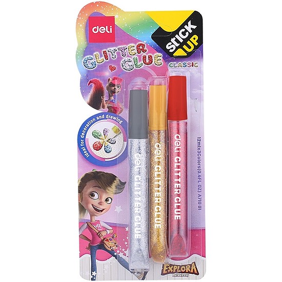 Ragasztó, folyékony, glitteres, 3dbx12ml, DELI Stick Up / Classic, különböző szín (DEA71001)