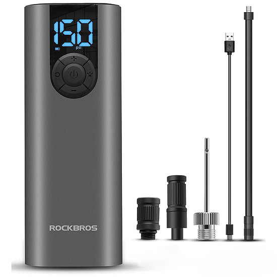 Rockbros 42720001001 Elektromos Kerékpár Pumpa LED Kijelzővel + USB-C - USB-A Kábel - Fekete