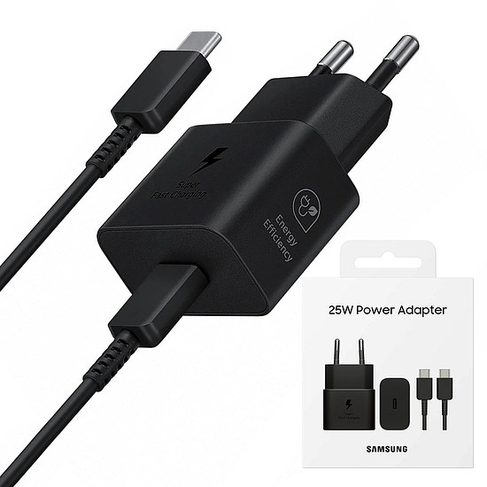 Samsung - Eredeti fali töltő T2510 (EP-T2510XBEGEU) - Type-C 25W, szupergyors töltés USB-C kábellel - Fekete (buborékcsomagolás) (KF2316715)