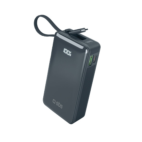 SBS 10000 mAh 20W külső akkumulátor beépített USB-C kábellel és digitális kijelzővel - sötétszürke