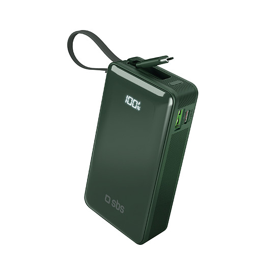 SBS 10000 mAh 20W külső akkumulátor beépített USB-C kábellel és digitális kijelzővel - zöld