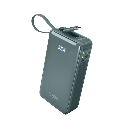 SBS 10000 mAh 20W külső akkumulátor beépített USB-C kábellel és digitális kijelzővel - szürke