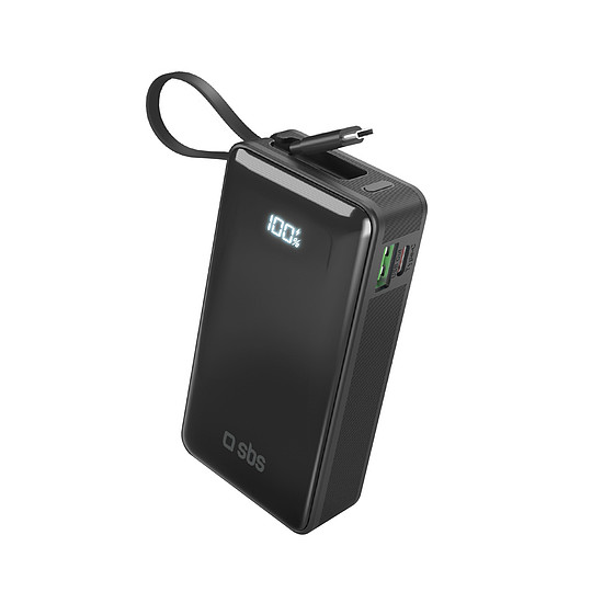 SBS 10000 mAh 20W külső akkumulátor beépített USB-C kábellel és digitális kijelzővel - fekete