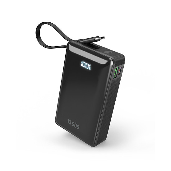 SBS 20000 mAh 20W külső akkumulátor beépített USB-C kábellel és digitális kijelzővel - fekete