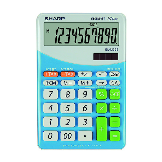 Sharp EL-M332 BBL számológép asztali 10 számjegy elem+napelem döntött kijelző ÁFA és valutaszámítás "00" gomb, %, +/-, kék