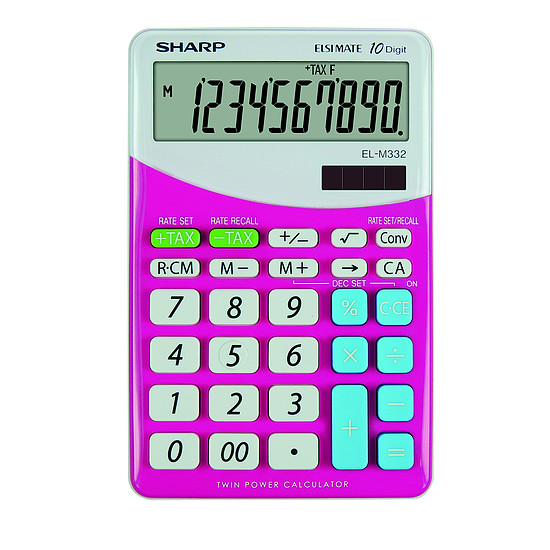 Sharp EL-M332 BWH számológép asztali 10 számjegy elem+napelem döntött kijelző ÁFA és valutaszámítás "00" gomb, %, +/-, fehér