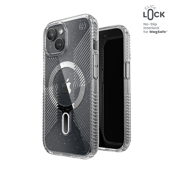Speck Presidio Lux Grip ClickLock & Magsafe - tok iPhone 15 / iPhone 14 / iPhone 13 telefonokhoz átlátszó / platina csillogás / króm bevonat / derűs ezüst (150546-3224)