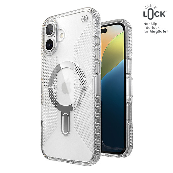 Speck Presidio Perfect-Clear Grip ClickLock & MagSafe - tok iPhone 16 Plus készülékhez átlátszó / krómozott felület / Serene ezüst (150716-3199)