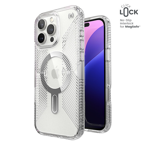 Speck Presidio Perfect-Clear Grip ClickLock & MagSafe - tok iPhone 16 Pro Max készülékhez átlátszó / krómozott felület / Serene ezüst (150728-3199)