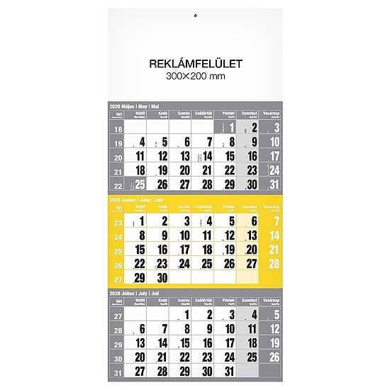 Speditőrnaptár 2026 REALSYSTEM 1 tömbös 3 havi sárga üres fejrész