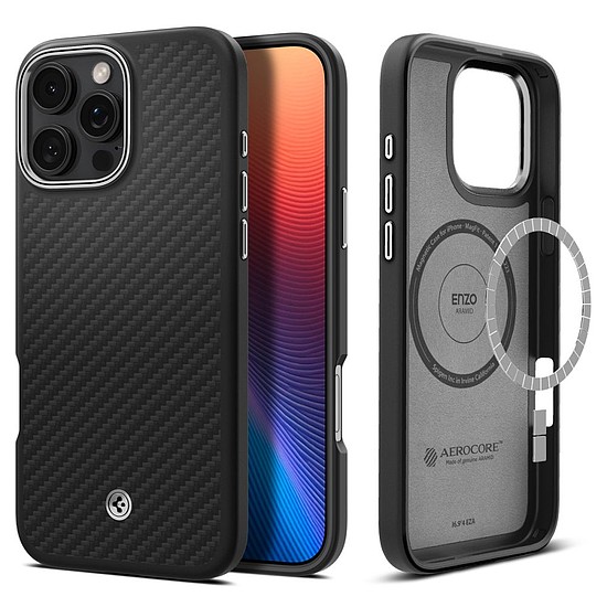 Spigen Enzo Aramid MagSafe tok iPhone 16 Pro telefonhoz - fekete és ezüst