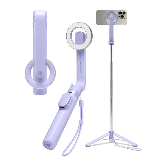 Spigen - Selfie Stick (S571W) - MagSafe kompatibilis, állvánnyal, stabil, Bluetooth, iOS és Android rendszerhez - Levendula (KF2338311)