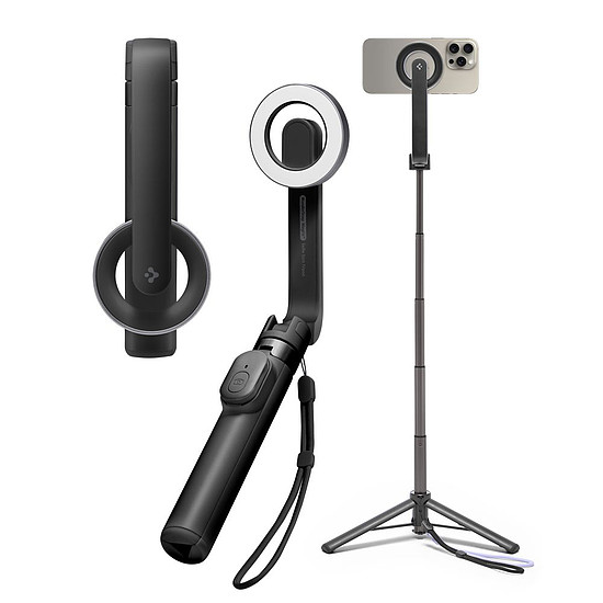 Spigen - Selfie Stick (S571W) - MagSafe kompatibilis, állvánnyal, stabil, Bluetooth, iOS és Android rendszerhez - fekete (KF2338427)