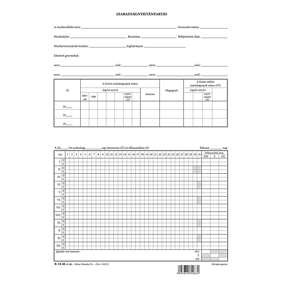Szabadságnyilvántartás szabadlap A4 álló B.18-48