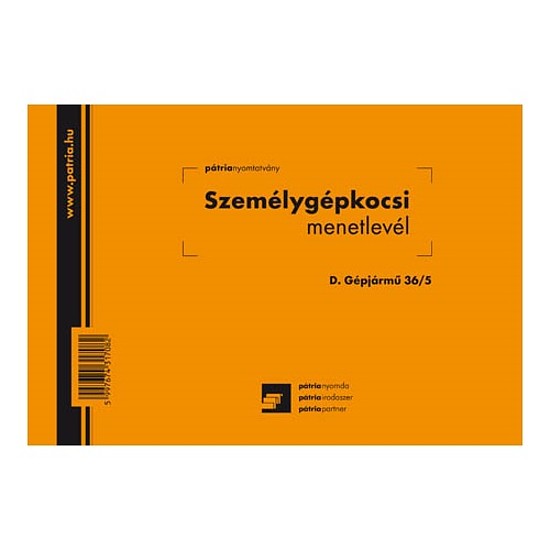 Személygépjármű menetlevél A5 100 lapos fekvő D.GEPJ. 36/5