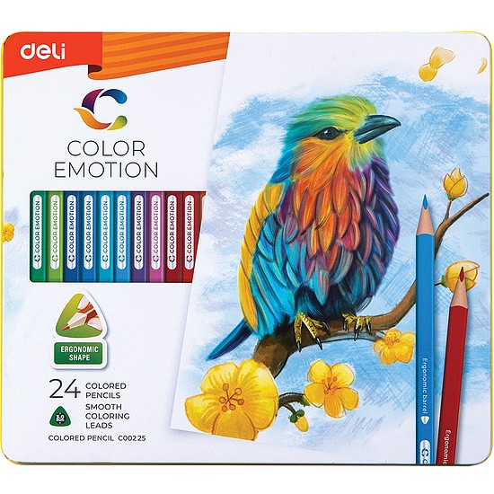 Színes ceruzakészlet, háromszögletű, fémdobozos, DELI Color Emotion, 24 különböző szín (DEC00225)