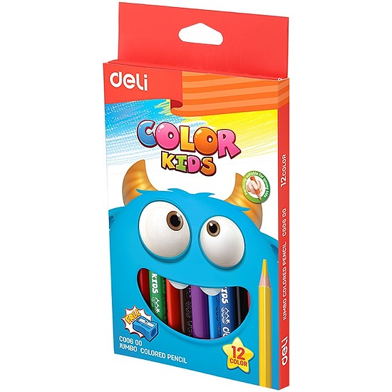 Színes ceruzakészlet, háromszögletű, vastag, DELI Color Kids, 12 különböző szín (DEC00600)