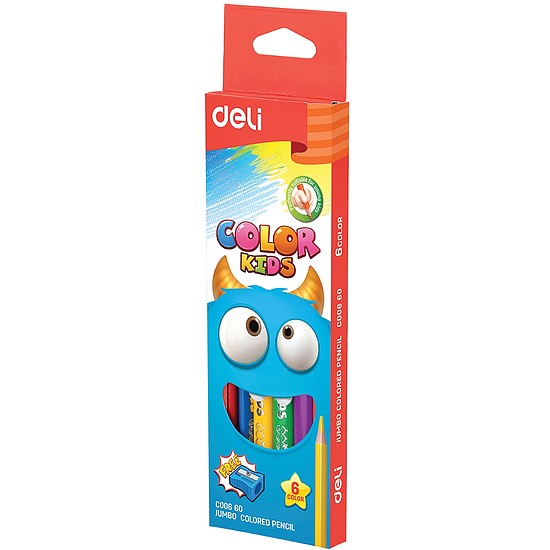 Színes ceruzakészlet, háromszögletű, vastag, DELI Color Kids, 6 különböző szín (DEC00660)