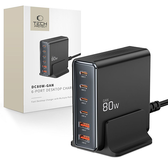 Tech-protect DC80W-GAN 6 portos PD80W/QC3.0 töltőállomás - fekete