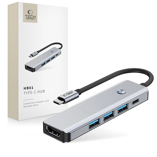 Tech-Protect HB01 HUB Adapter 5in1 USB-C + USB3.0 + HDMI 4K 60Hz + PD100W - szürke