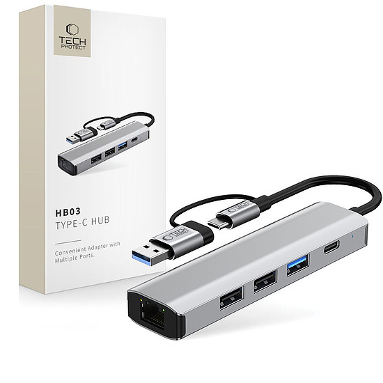 Tech-Protect HB03 HUB Adapter 5in1 USB-C + USB2.0 + USB3.0 + RJ45 - szürke