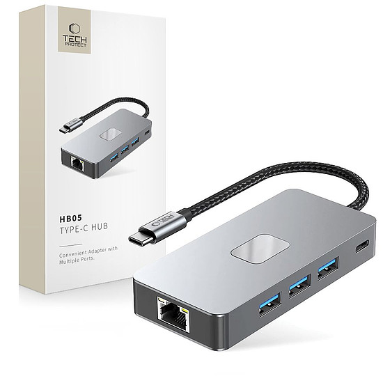 Tech-Protect HB05 HUB 9in1 USB-C + USB2.0 + USB3.0 + HDMI 4K 60HZ + SD / TF + PD100W + RJ45 adapter - szürke